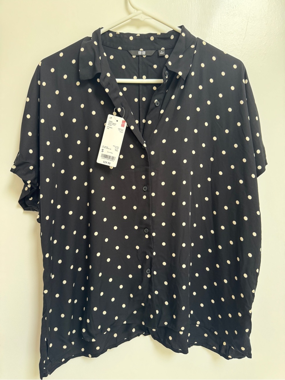 Uniqlo Black Blouse with Cream Polka Dots